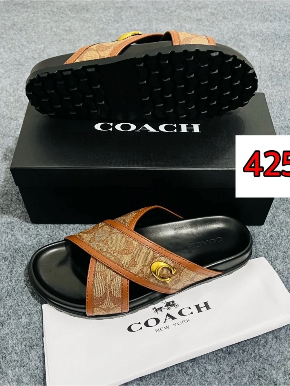 Coach Brown Signature Canvas Cross-Strap Slide Sandals with Gold Accent